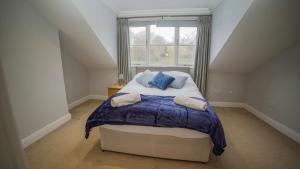 um quarto com uma cama com almofadas azuis e uma janela em Central 4 Bed Apartment em Leeds