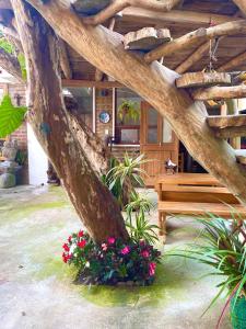 ein Haus mit einer Holzdecke mit Blumen und einer Bank in der Unterkunft Exedra de Galeria Cafe. Mindo- Ecuador in Mindo