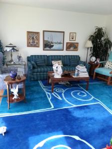 uma sala de estar com um tapete azul e um sofá em Centrally located; Walk anywhere! em São Francisco