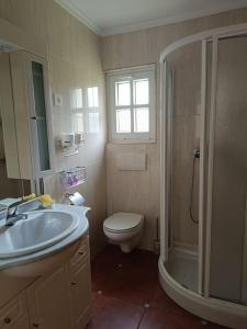 La salle de bains est pourvue d'un lavabo, de toilettes et d'une douche. dans l'établissement Carnota Beach, à San Mamede de Carnota