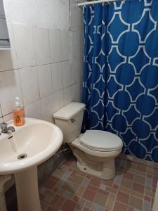 a bathroom with a toilet and a sink and a shower curtain at Don Chacon Fest in Volcán