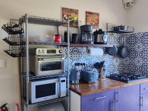 a kitchen with a stove and a microwave at Ti Brico Gros Islet Bungalow in Gros Islet
