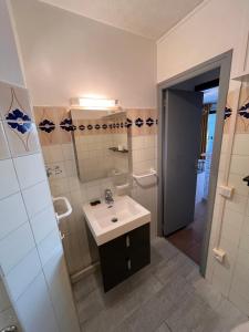 een badkamer met een wastafel, een douche en een spiegel bij Un printemps face au lac marin in Le Barcarès
