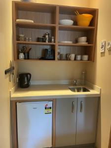 uma cozinha com um lavatório e um frigorífico branco em Studio 585 em Alexandra