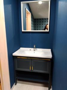 Baño azul con lavabo y espejo en 朝食付き唐津里山の宿&ヨガ兎と亀 en Karatsu
