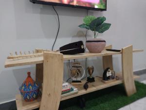 ein Holzregal mit einem TV und einer Pflanze darauf in der Unterkunft Travel Sanctuary Residence - Uganda in Kampala