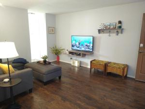 a living room with a couch and a flat screen tv at Charming 1Bedroom Vacation Condo in Oceanside