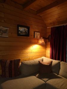 una sala de estar con sofá en una cabaña de madera en Family Mountain Cottage, en Cârţişoara