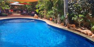 a large blue swimming pool in a yard at Ningaloo Lodge Exmouth in Exmouth