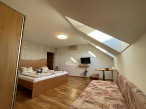 a room with two beds and a tv in it at Penzion Dori in Diakovce