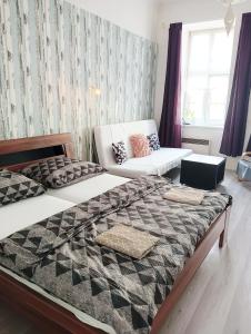 um quarto com uma cama e um sofá em Apartmán Hybešova em Brno