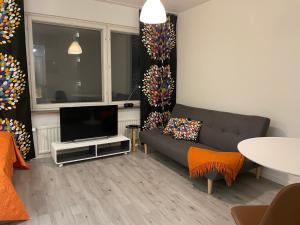 a living room with a couch and a flat screen tv at Rovakatu City apartment in Rovaniemi