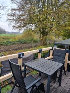 a picnic table and chairs on a wooden deck at Tiny Home mit Panoramaterrasse - Ausblick ins Grüne inklusive in Wilhelmshaven