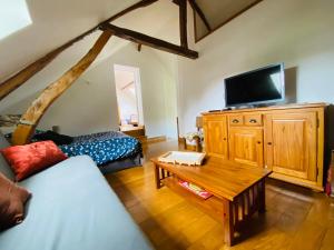 a living room with a couch and a tv at AmienSUD à 15 minutes du cœur de la ville in Saint-Sauflieu