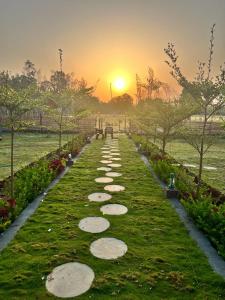 a pathway with stepping stones in a park at sunset at Jewel of Jungle in Tāla