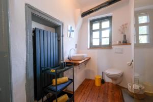 a bathroom with a sink and a toilet at Renaissance-Fachwerkhaus in Torgau