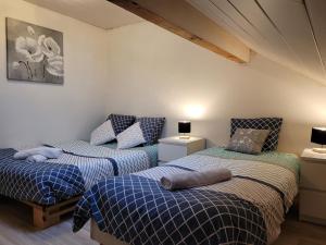 a bedroom with two beds with blue and white sheets at Cottage le Ni-La in Fresse-sur-Moselle