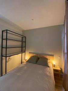 a bedroom with a white bed with two lamps on it at Appartement hypercentre 100% équipé *Clim* in Brive-la-Gaillarde