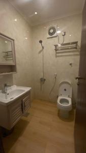 een badkamer met een toilet, een wastafel en een douche bij Fakher Yanbu 3 Furnished Units in Yanbu