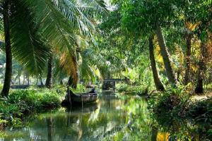 un barco en un río con palmeras a un lado en Bella Homestay Kerala, en Alleppey