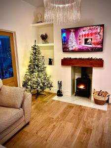 a living room with a christmas tree and a fireplace at Coastal Apartments No 1 in Seaham