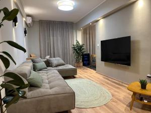 a living room with a couch and a flat screen tv at Acropolis Panorama Penthouse in Athens