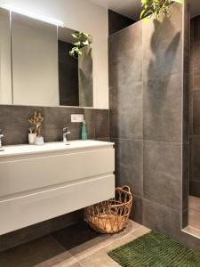 een badkamer met een wastafel en een spiegel bij Sea la vie in Oostende
