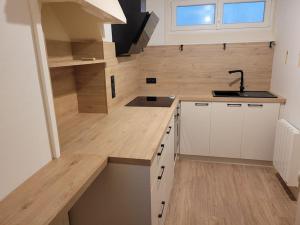 uma pequena cozinha com armários brancos e um lavatório em Le Bohème, appartement de charme hyper centre em Granville