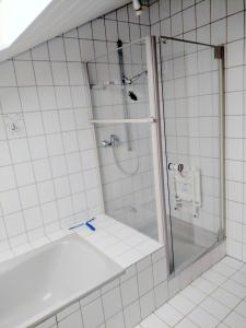um chuveiro com uma porta de vidro na casa de banho em Ferienwohnung Villmar em Villmar