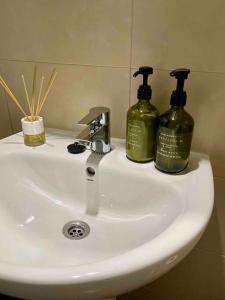 - un lavabo dans la salle de bains avec 2 bouteilles dans l'établissement Apartamento Entero 2 HABITACIONES, à León