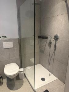 a bathroom with a toilet and a glass shower at MyHome-Tiny -stilvollen Ruhepol in Lüdinghausen