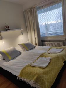 two beds in a bedroom with a large window at Kajo Lomahuoneisto in Rovaniemi