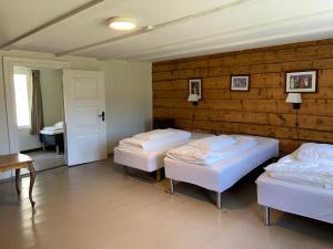 Habitación con 3 camas en una habitación con pared de madera. en Brekke Gard Hostel en Flåm