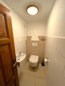 a bathroom with a toilet and a sink at Javorník u Tichých in Rudník