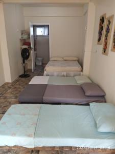pokój z 3 łóżkami i wentylatorem w obiekcie Kitnet Rústica Blumenau w mieście Blumenau