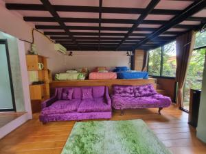 un soggiorno con divani viola e tappeto verde di ปลายน้ำรีสอร์ท พรหมคีรี นครศรี ฯ Plainam Resort a Ban Khaek