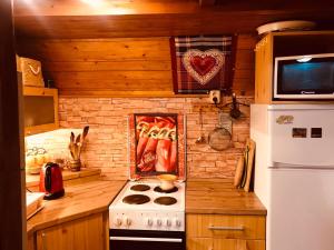 a kitchen with a stove and a white refrigerator at Chata Safran in Donovaly