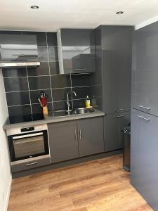 una cocina con armarios grises y fregadero en DUPLEX REFAIT NEUF à MONCHAUX SORENG, en Monchaux-Soreng