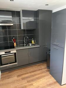 cocina con electrodomésticos de acero inoxidable y paredes grises en DUPLEX REFAIT NEUF à MONCHAUX SORENG, en Monchaux-Soreng
