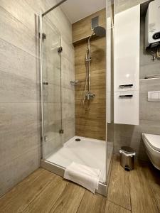 uma casa de banho com um chuveiro, um WC e um lavatório. em Jazz Apartament Częstochowa Centrum 2-bedroom em Czestochowa