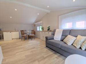 a living room with a gray couch and a kitchen at Apartamentos Baldenora in Llanes