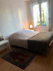 1 dormitorio con 1 cama con alfombra y ventana en Le Fontenay bleu, en Bourg-la-Reine