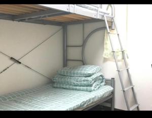 a bunk bed with a ladder and pillows on it at Lucky Hostel in Tokyo