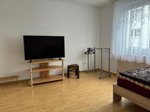sala de estar con TV de pantalla plana en un soporte en Ferienwohnung Grimm, en Pforzheim