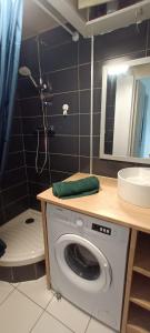 y baño con lavadora y lavamanos. en Balzac en Montfort-sur-Meu