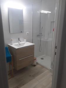 y baño con lavabo y ducha con espejo. en Le Cyprès - Charmant, Agréable et Tout Confort en Béziers