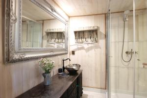 a bathroom with a sink and a mirror and a shower at Fajna Chatka (mieszkanko B) in Stegna +41 photos