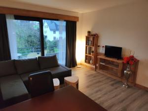 a living room with a couch and a television at Der Engel in Winterberg