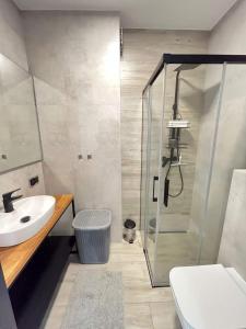 y baño con ducha, lavabo y aseo. en Luxury Apartments Słupsk en Słupsk