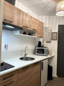 a kitchen with a sink and a microwave at Villard-de-lans studio au pied des pistes pour 4 pers in Villard-de-Lans